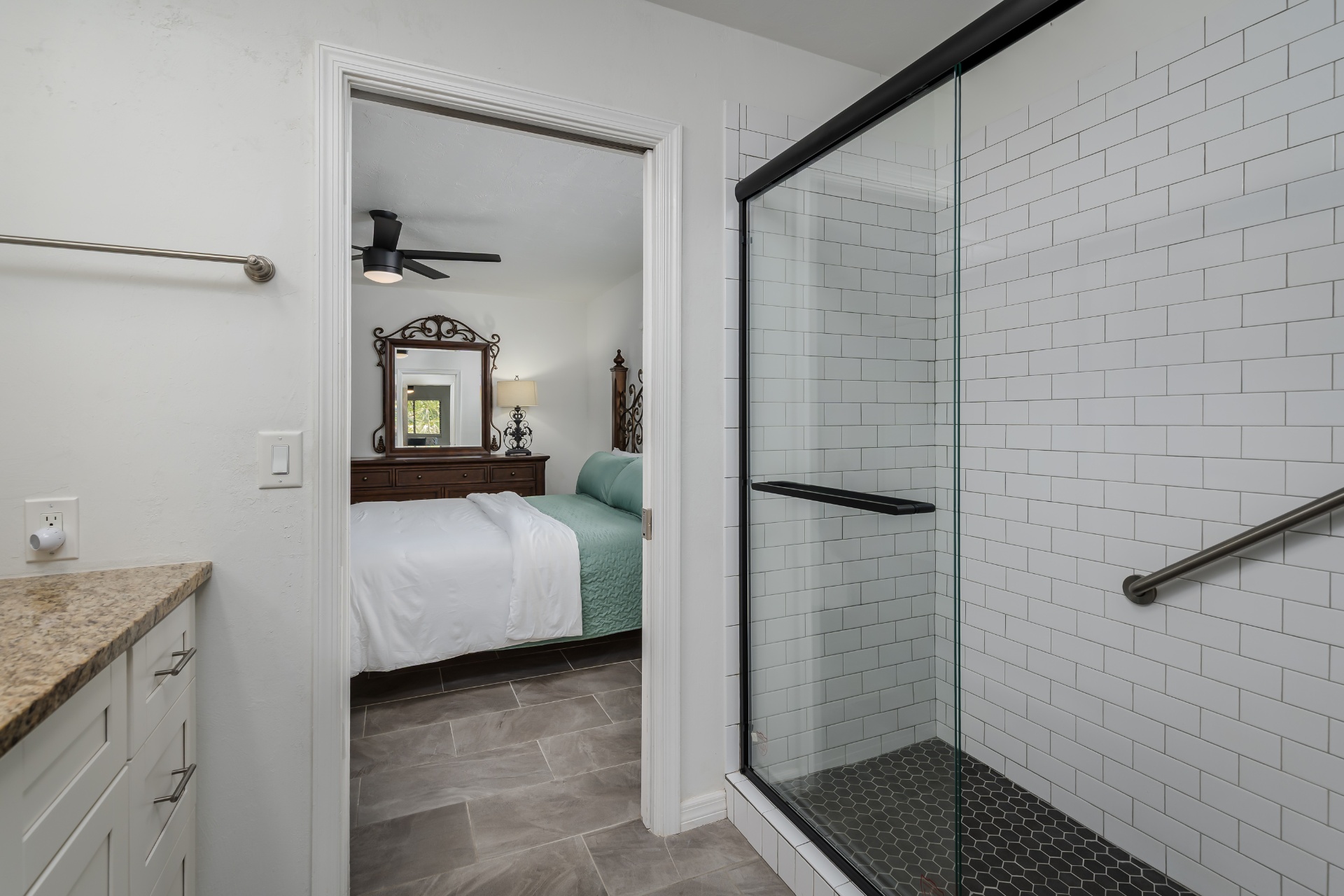 Updated bathroom with walk-in subway-tile shower